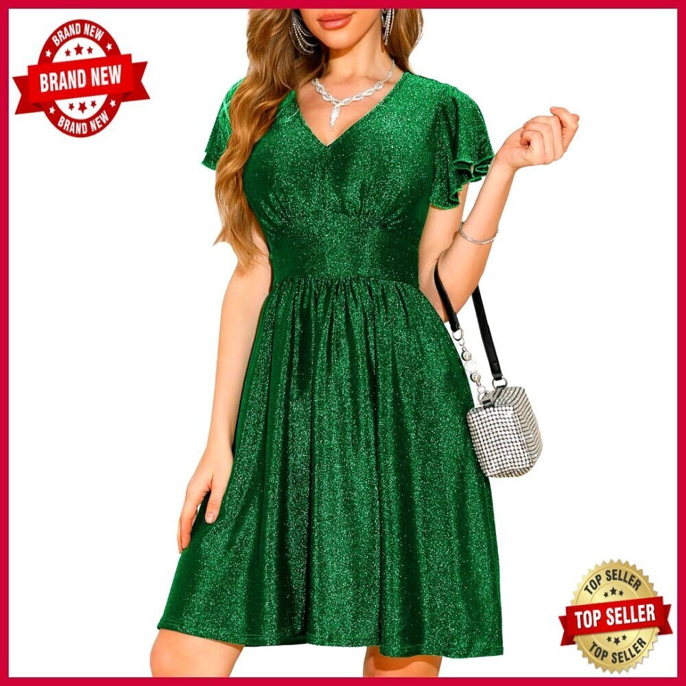 V Neck Ruffle Sleeve Glitter Empire Waist Flared A Line Cocktail Dress